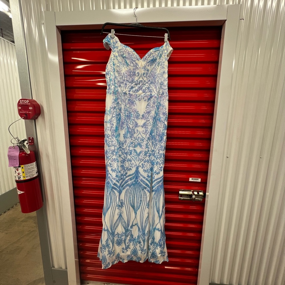 Blue and White Beaded Evening Gown
